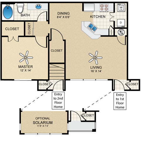 Floor plan for 1 bed, 1 bath, 833 sqft